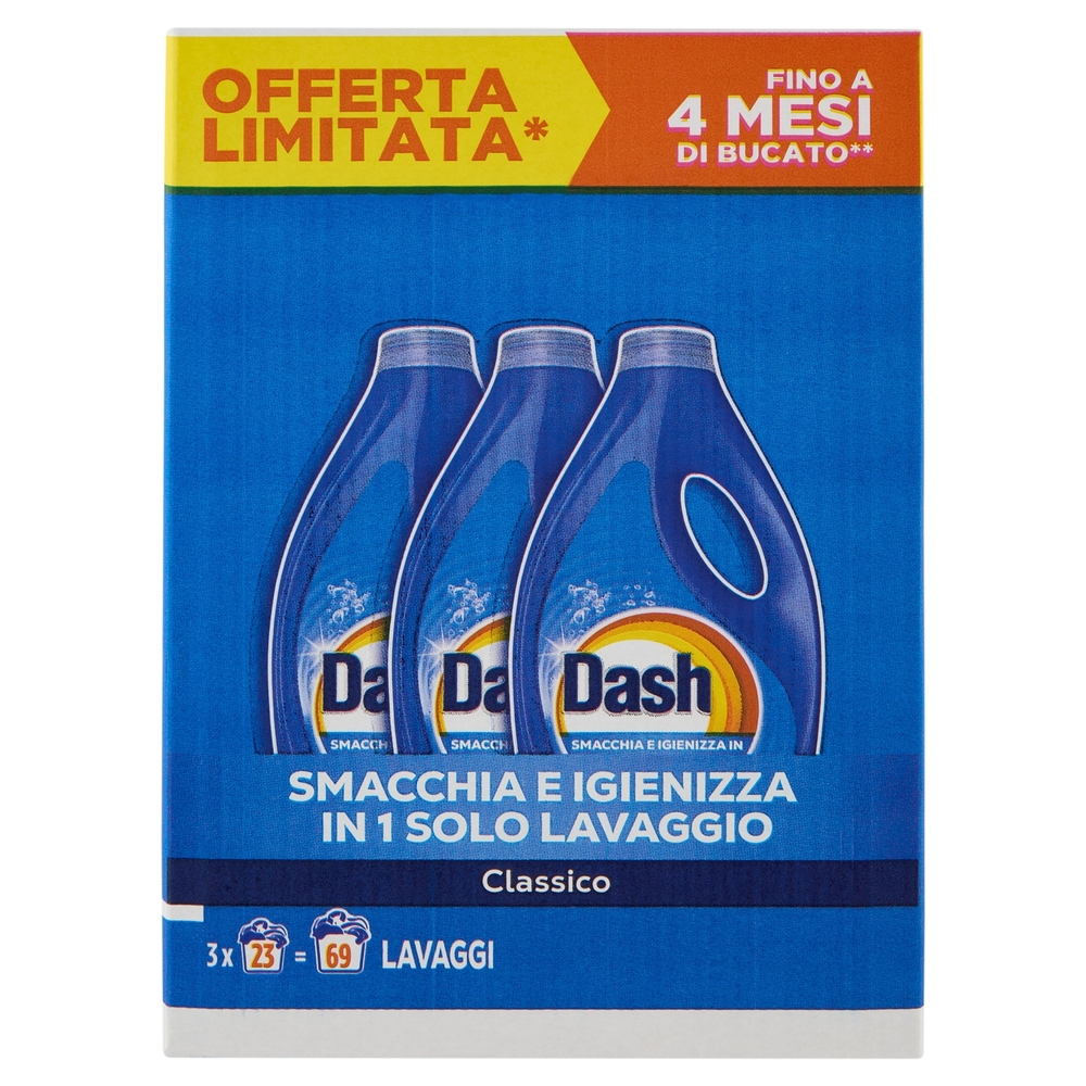 Dash Power Detersivo Liquido Lavatrice, Classico, 3x23 Lavaggi=69 Lavaggi 3x1035 ml